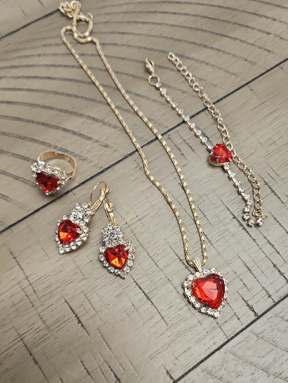 Women's Full Cubic Zirconia Charm Necklace, Earrings, Ring And Bracelet Set- Red